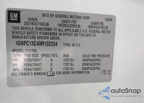 2009 Chevrolet Tahoe Ls z USA, uszkodzony, nr VIN 1GNFC13C49R102334